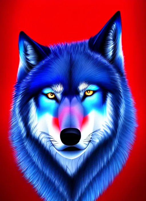 Prompt: blue wolf, red eyes highly detailed, deep focus, digital painting, smooth, sharp focus, illustration, trending on artstation, 4 k