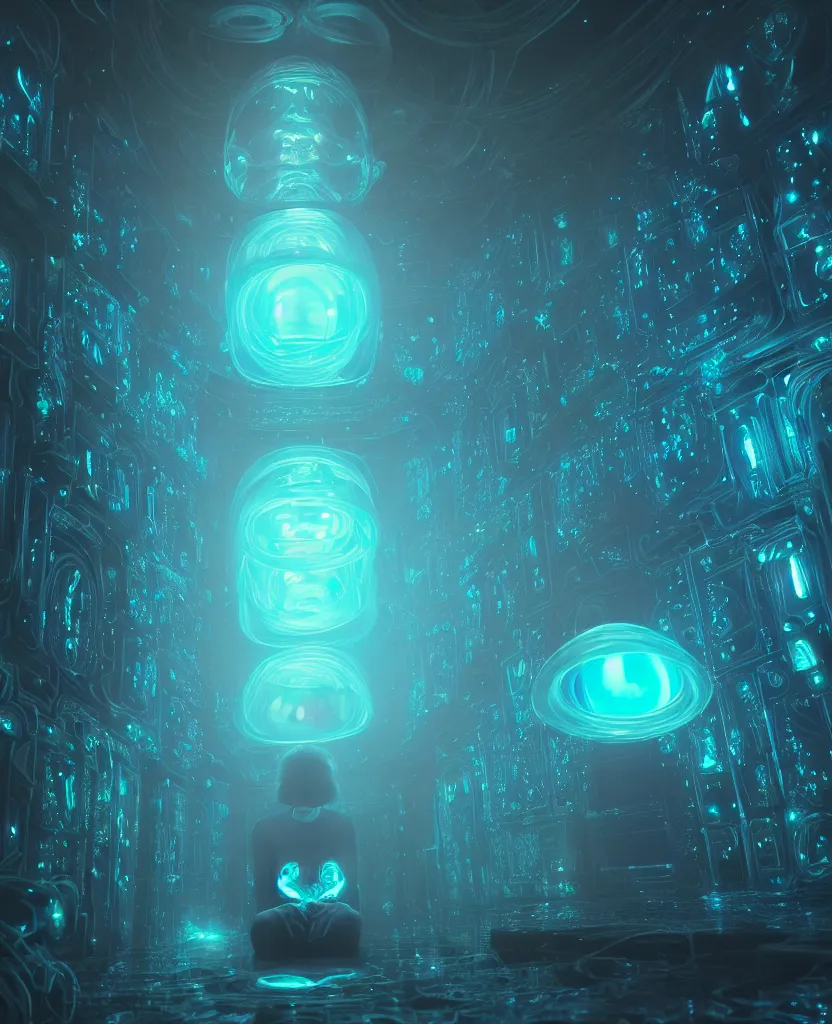 Image similar to trapped in my conscious, sky falling, look me inside of my eyes, transparent holographic being, holographic, bioluminiscent creatures, intricate artwork by beeple. octane render, trending on artstation, greg rutkowski very coherent symmetrical artwork. cinematic, hyper realism, high detail, octane render, 8 k