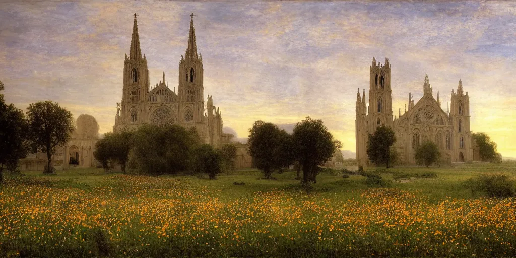 Prompt: a cathedral made of marble within a wildflower meadow at dawn, recursion, in the style of alma tadema