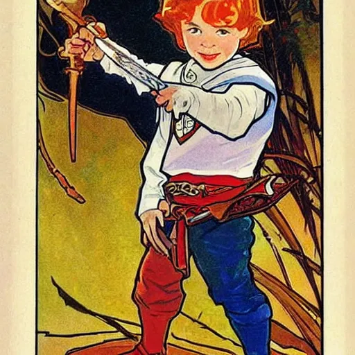 Image similar to a little boy with a mischievous face and short ginger hair. he is dressed as a knight. well composed, clean elegant painting, beautiful detailed face. colorful painting by steve ditko and jack kirby and alphonse mucha