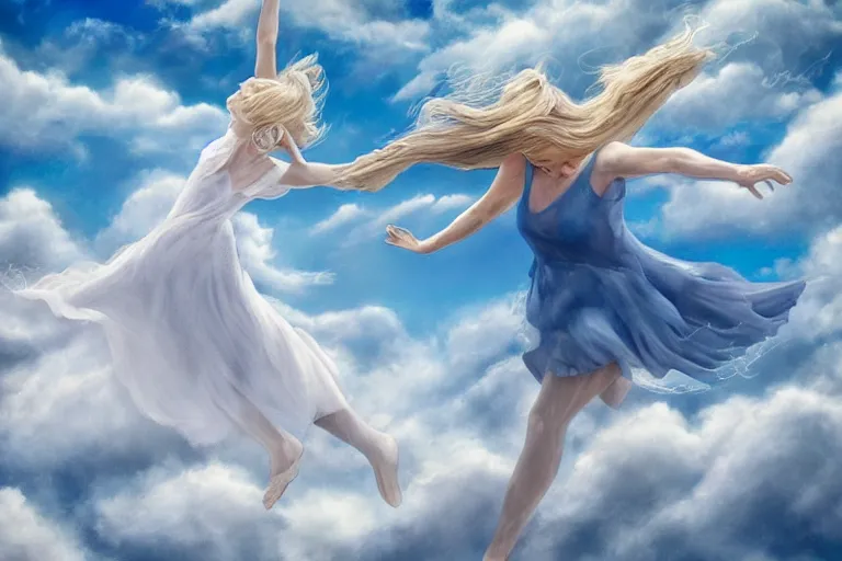 Prompt: high among the wispy swirling clouds, twirling on the wind she soared, the misty dancer in the clouds whirled her translucent arms, white hair spilling across the sky canvas, dissolving and reforming amongst ethereal wisps, as if made of clouds, all blues and whites, hyperrealism hand drawn cartoon 4k by Walt Disney and MC Escher, smooth, sharp focus, extremely detailed.