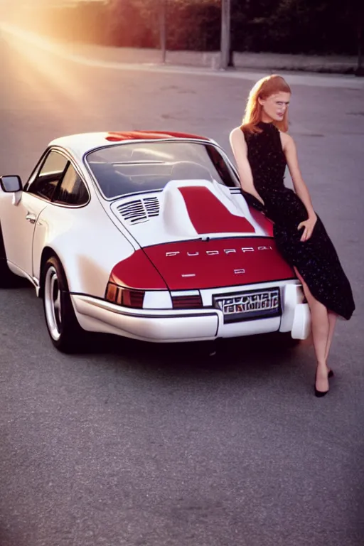 Image similar to Photo print of a beautiful Model leaning on a porsche 911 carrera 3.2, daylight, backlit, kodak ektachrome e100.