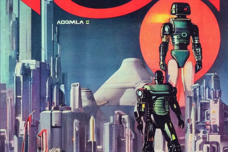 Image similar to 1979 OMNI Magazine Cover depicting a large imposing Android. Final boss fight. Cyberpunk Akira style by Vincent Di Fate