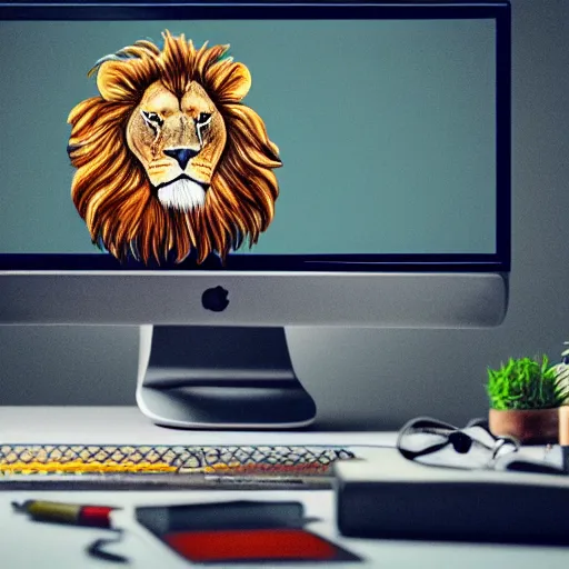 Image similar to Lion using computer, trading stocks, candle stick chart on screen, digital art, realistic, trending on artstation