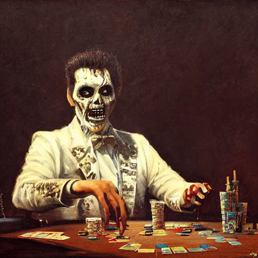 Image similar to UHD tonalism painting of Zombie Elvis playing poker, by Antonio Caparo and Ferdinand Knab and Greg Rutkowski, UHD, photorealistic, trending on artstation, trending on deviantart