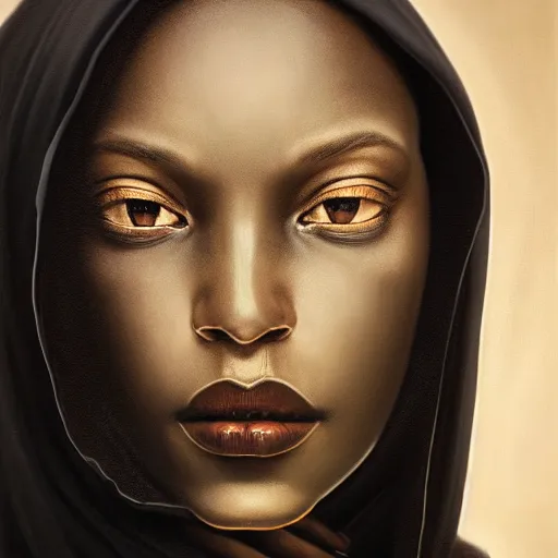 Image similar to a portrait of a young black woman wearing a long dark cloak, hood and shadows covering face, anatomically correct, beautiful perfect face, enigmatic, oil painting, matte painting, black background, Volumetric dynamic lighting, Highly Detailed, Cinematic Lighting, Unreal Engine, 8k, HD, by Beksinski