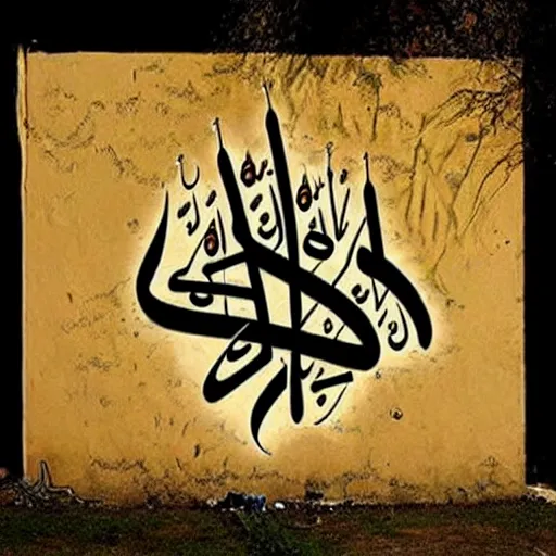 Image similar to arabic calligraphy, transylvanian folk art, in the style of graffiti, made by banksy