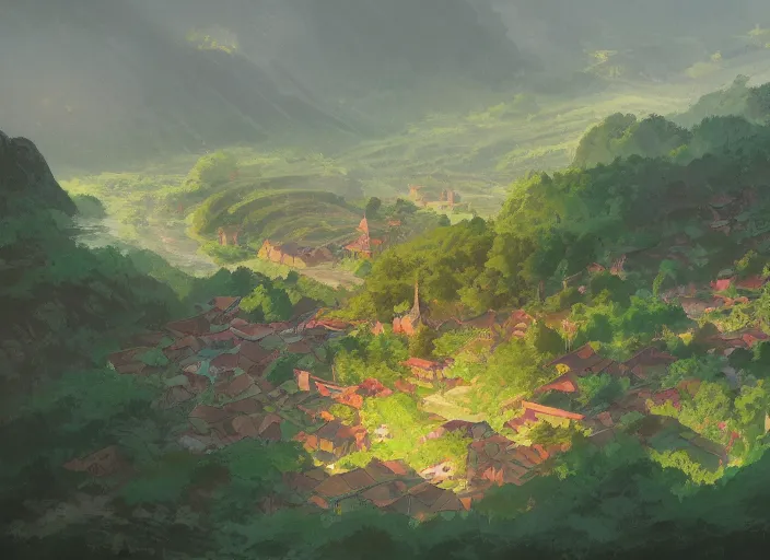 Image similar to concept art painting of a distant small woodland village by a river in a mountain valley seen from above, early morning, european japanese buildings, cel shaded, realistic, by makoto shinkai and moebius and anton fadeev and greg rutkowski and james gurney