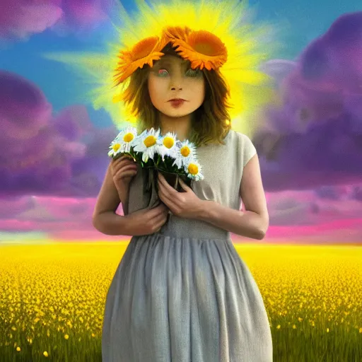 Prompt: daisy flower for a head, portrait of girl in flower field, holding daisy, surreal photography, sunrise, impressionist painting, colorful clouds, digital painting, artstation, simon stalenhag, flower face