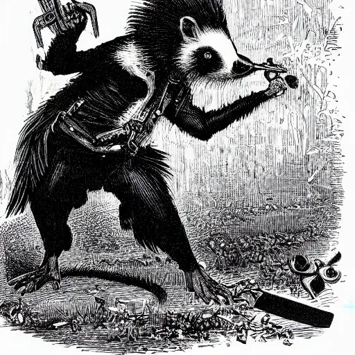 Prompt: a threatening skunk wielding a switchblade. Detailed 1865 Illustration by John Tenniel.