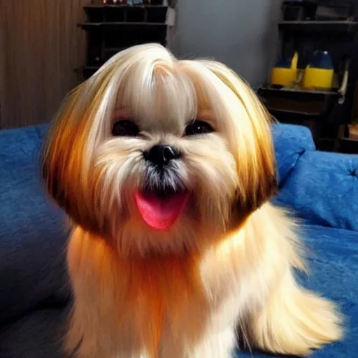 Image similar to Super Saiyan Shih Tzu, Gold Hair, Glowing, Lightning Arcs, Crackling, Blue, Blonde, Glowing, Dog