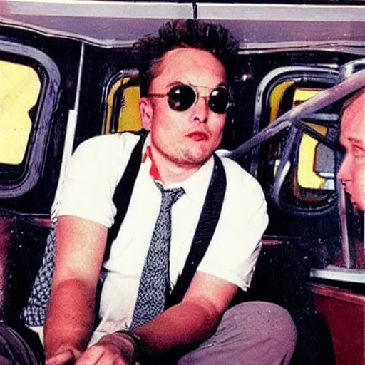 Prompt: retro photo of drunked elon musk aka bus driver in bus by hunter thompson, fear and loathing in las vegas style