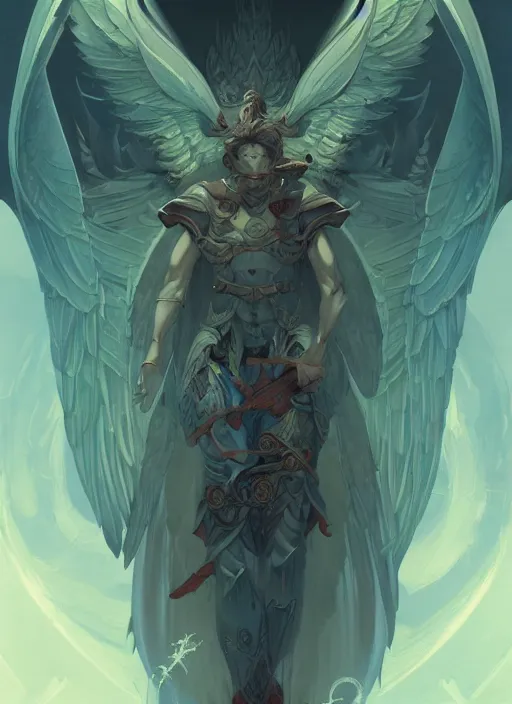 Image similar to archangel micheal detailed illustration by peter mohrbacher and by victo ngai, karol bak, yukito kishirotrending on artstation