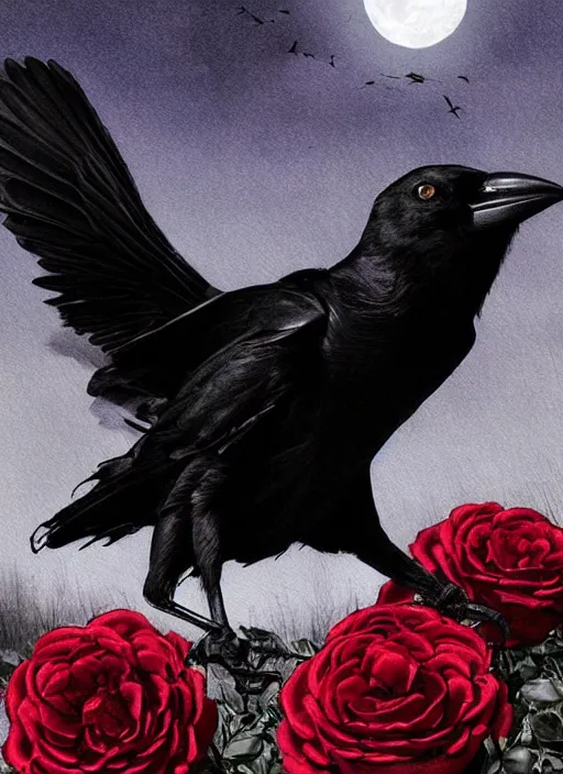 Image similar to portrait, A crow with red eyes in front of the full big moon, book cover, red roses, red white black colors, establishing shot, extremly high detail, foto realistic, cinematic lighting, pen and ink, intricate line drawings, by Yoshitaka Amano, Ruan Jia, Kentaro Miura, Artgerm, post processed, concept art, artstation, matte painting, style by eddie mendoza, raphael lacoste, alex ross