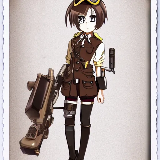 Image similar to anime girl steampunk officer, full body portrait, polaroid photograph, cinematic lighting, brown uniform, anime, studio ghibli, finely detailed,