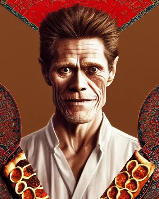 Prompt: portrait of willem dafoe looking at pizza, upper half portrait, decorated with chinese opera motifs, asian, bian lian, traditional chinese art, intricate, elegant, highly detailed, symmetry, digital painting, artstation, concept art, smooth, sharp focus, illustration, art by artgerm and greg rutkowski and alphonse mucha, 8 k