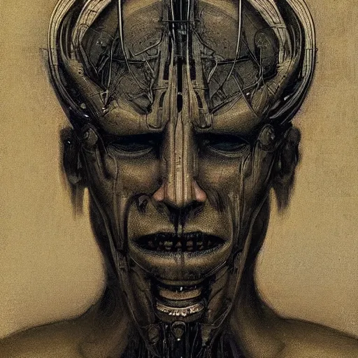 Image similar to surreal portrait of a man by Greg Rutkowski and H.R Giger, symmetrical face, he is about 30 years old, west slav features, short blonde hair with bangs, attractive, smart looking, slim, somewhat androgenic, transformed into a kind of biomechanical transhuman god, disturbing, terrifying but fascinating, with a determined and sinister expression on his face, cosmic void background, frightening, fascinating, highly detailed portrait, digital painting, book cover, artstation, concept art, smooth, sharp foccus ilustration, Artstation HQ