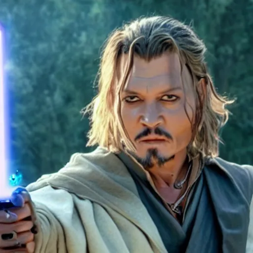 Image similar to Jedi Master (Johnny Depp) wielding a golden lightsaber 8k hdr