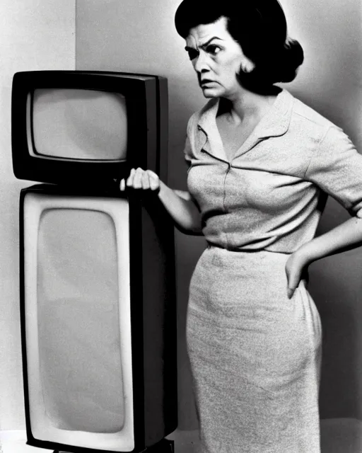 Image similar to a woman staring angrily into old TV, black-and-white photo, 1960s, hyperrealistic, old photo