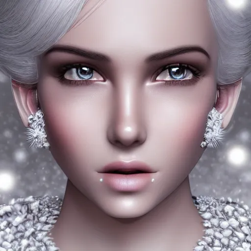 Prompt: wonderful princess of white diamonds with fair skin, white hair, white flowers, ornate with white diamonds, 8 k, gorgeous, intricate, detailed, glowing white accent lighting, dramatic lighting, octane render