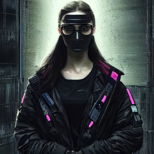 Image similar to sophie turner, streetwear techwear cyberpunk style outfit, partial mask, detailed portrait, intricate complexity, by greg rutkowski, cushart krentz, artgerm, ross tran, conrad roset, takato yomamoto, ilya kuvshinov. 4 k, beautiful, cinematic dramatic atmosphere, portrait lighting