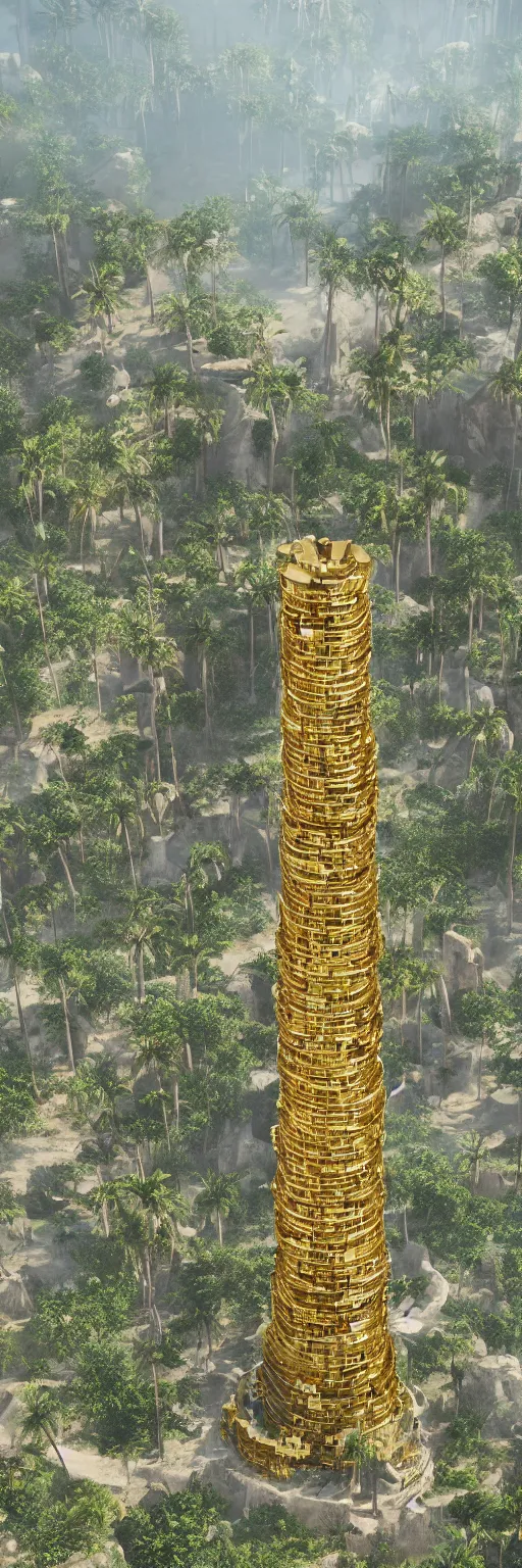 Image similar to photo of vertical golden tower, stacked ancient village, arid mountains and lush palm forest, photo realism, sharp focus, octane