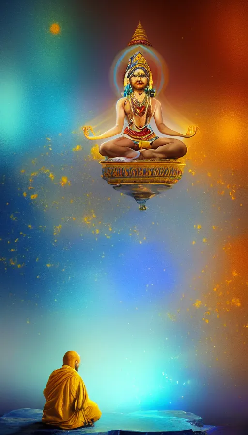 Image similar to indian master, meditation, gold light, blue mist, universe, floral dream, highly detailed, digital painting, refreshing, trending on artstation, octane render, hyper realistic,