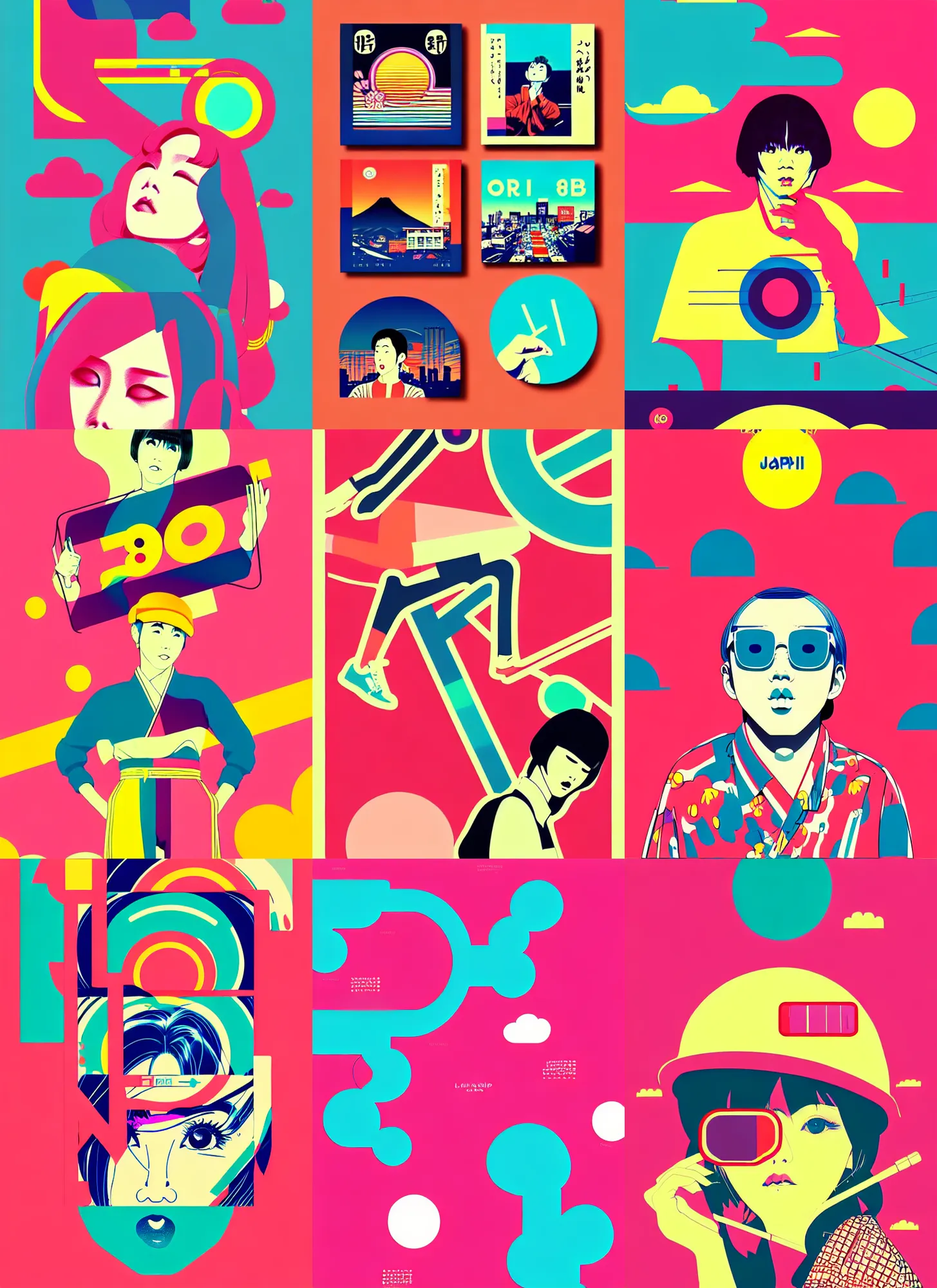 Prompt: beautiful illustration of layout of japanese pop art, city pop, acid, hip - hop, chillhop, obi strip, poster, 8 0 s, album art, trendy typography, lo - fi, logo, landscape, pinterest, dribble, influenced by retro and vintage, artstation, 8 k, user interface, underground