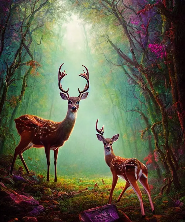 Image similar to a realistic deer, walking through a psychedelic forest, wide angle landscape shot, pixar style by tristan eaton, artgerm and tom bagshaw