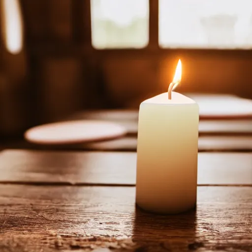 Prompt: a white candle on a wooden table. harsh lighting