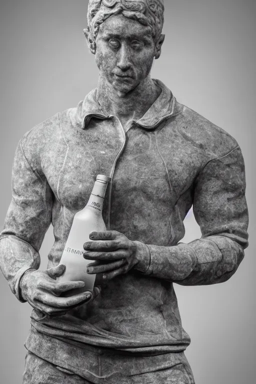 Prompt: marble sculpture of man in Adidas winter jacket sportswear holding a marble bottle of vodka, intricate sculpture, chiseled muscles, godlike, Rembrandt lighting, DSLR photo