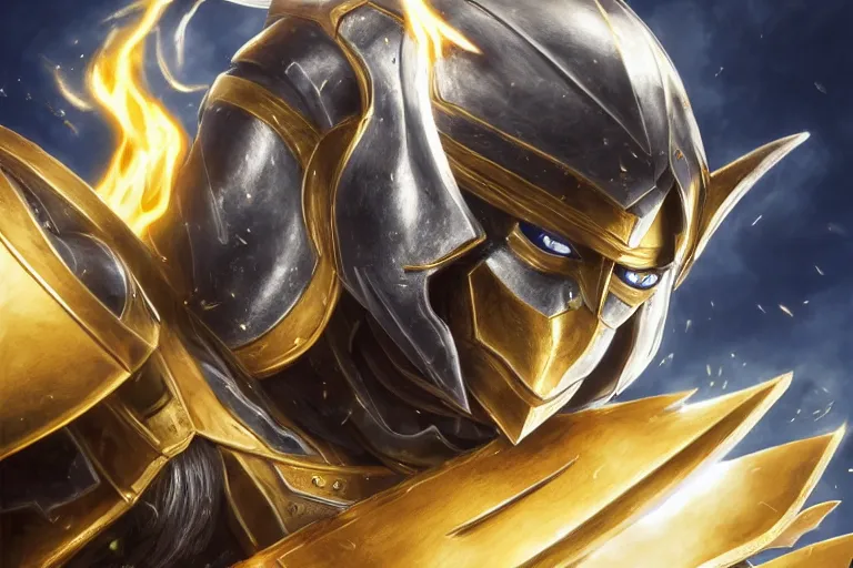 Image similar to an ultra detailed portrait of saladin as a paladin shonen anime protagonist charging into battle wearing bright gold armor and huge flaming longsword blessed by god, epic anime fantasy, 8 k, volumetric lighting, smooth, highly detailed, digital illustration, art by kentaro miura and akira toriyama and artgerm