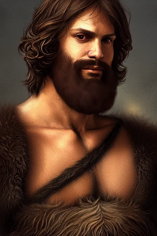 Prompt: renaissance full body portrait of a gruff ranger, handsome face, lean and toned, hairy chest and hairy body, D&D, intricate, elegant, highly detailed, digital painting, artstation, concept art, matte, sharp focus, chiaroscuro, well list, sharp detail, illustration, art by Da Vinci, Artgerm and Greg Rutkowski and Alphonse Mucha