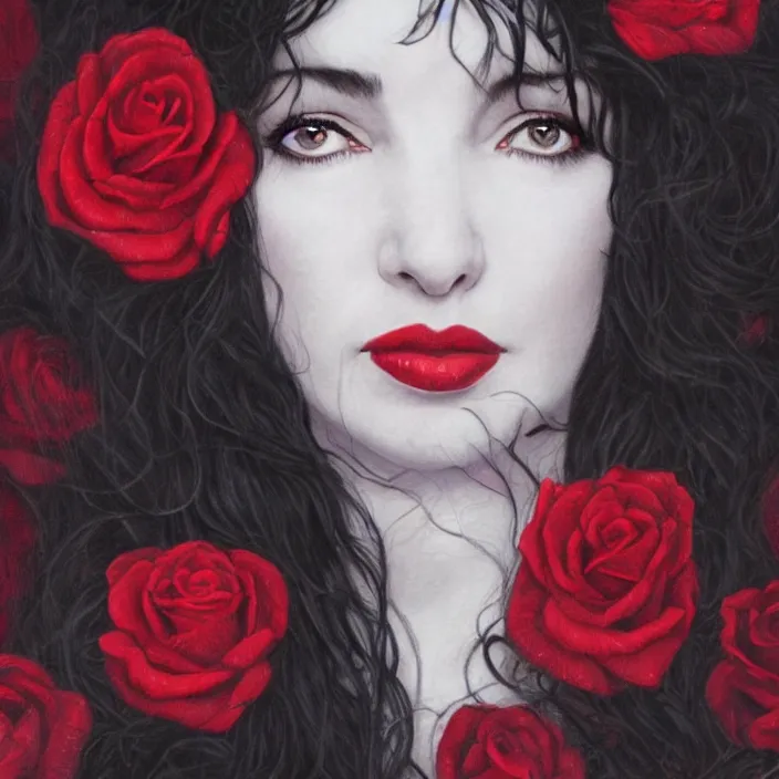 Prompt: portrait of kate bush against a red velvet background, lush black hair, pale skin, white roses, flowing material, intricate, beautiful cinematic lighting, stuning painting by artgerm and android jones