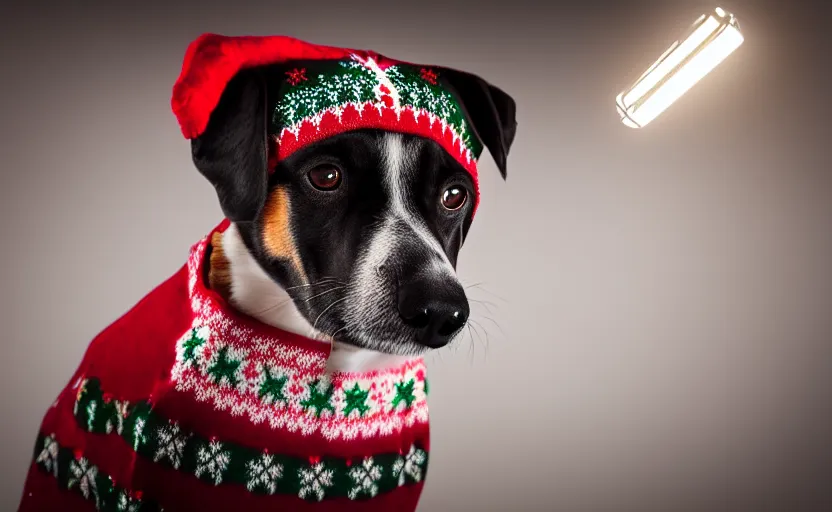 Image similar to studio photography of a dog wearing a christmas sweater, detailed face, cinematic lighting, 8 k