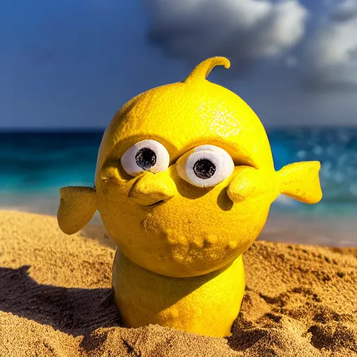 Image similar to 5 0 mm photograph, of a real anthropomorphic lemon character, with lemon skin texture, it is wearing a hat and scuba diving, building a sandcastle on the beach at sunset, beach, huge waves, sun, clouds, tropical trees, rim light, cinematic photography, professional, sand, sandcastle, volumetric lightening