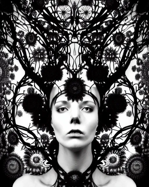 Image similar to surreal black and white photo portrait of complex bio-mechanical beautiful young female vegetal-cyborg with a Mandelbrot fractal steampunk metal fine lace face, a very long neck and a fine metal floral foliage super big lace collar by Alexander McQueen:: smoke, high fashion, haute couture, rococo, steampunk, silver filigree details, anatomical, facial muscles, cable wires, microchip, elegant, dreamy, foggy atmosphere, hyper realistic, 150 mm lens, soft rim light, octane render, unreal engine, picture was taken in 1910 by Man Ray, volumetric lighting, dramatic light,8k,