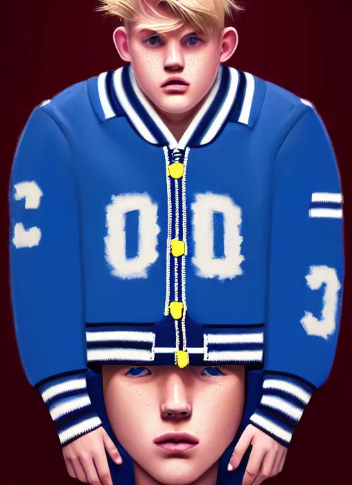 Image similar to portrait of high school senior boy named big moose, blonde short hair, jock, beefy, wide face, square jaw, square facial structure, blue varsity jacket with letter r, intricate, elegant, glowing lights, highly detailed, digital painting, artstation, concept art, sharp focus, illustration, art by wlop, mars ravelo and greg rutkowski