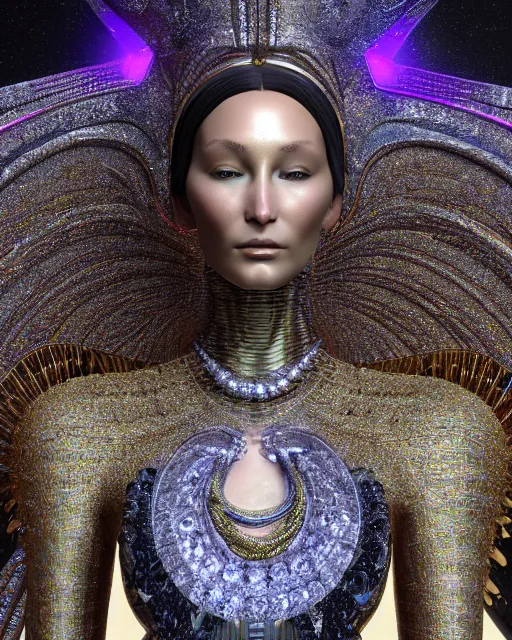 Image similar to a highly detailed metahuman 4 k close up render of an alien goddess bella hadid monument in iris van herpen dress schiaparelli in diamonds crystals swarovski and jewelry iridescent in style of alphonse mucha gustav klimt trending on artstation made in unreal engine 4