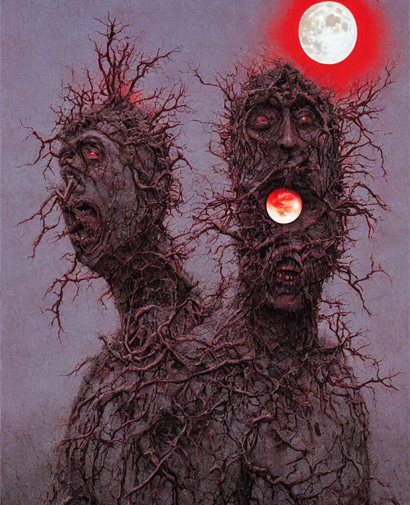 Image similar to moon made from thousands of rotten demonic bloody corpses of Nicolas Cage, body horror, flesh, blood, grotesque hell, highly detailed, red lightning, artstation, art by zdislav beksinski, wayne barlowe, phil hale