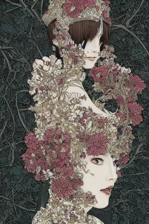 Prompt: m elf in a closed helmet-skull in a dress consisting of flowers. masterpiece 4k digital design by Takato Yamamoto, award winning, Artstation, Takato Yamamoto aesthetic, Neo-Gothic, gothic, forest on background, intricate details, realistic, hyperdetailed, 8k resolution