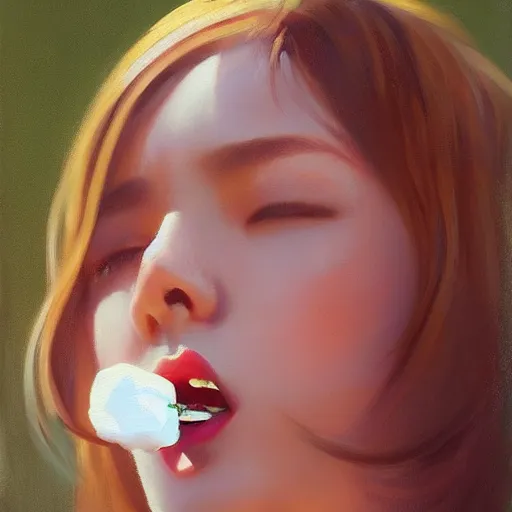 Image similar to oil painting by ilya kuvshinov,, baugh casey, rhads, coby whitmore, of a youthful japanese beauty, long hair, popsicle in mouth, outdoors, highly detailed, breathtaking face, studio photography, dawn, intense subsurface scattering, blush, supple look, innocence, intense sunlight