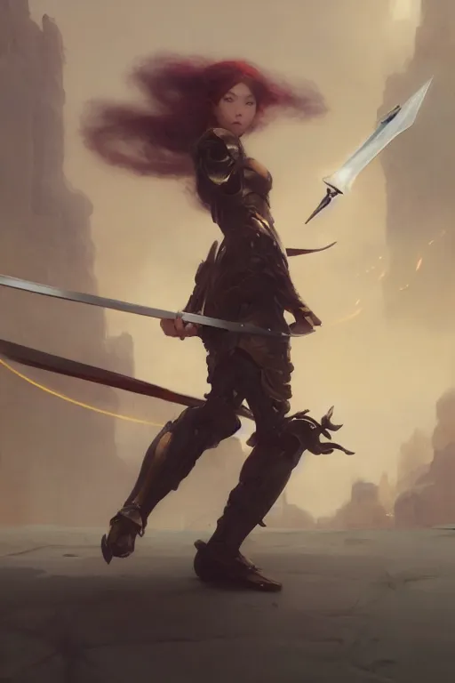 Image similar to girl full body with armor fighting with ten sword flying around her by hsiao ron cheng, by gaston bussiere, anna nikonova aka newmilky, greg rutkowski, yoji shinkawa, yoshitaka amano, trending on artstation, featured on pixiv, cinematic composition, 8 k