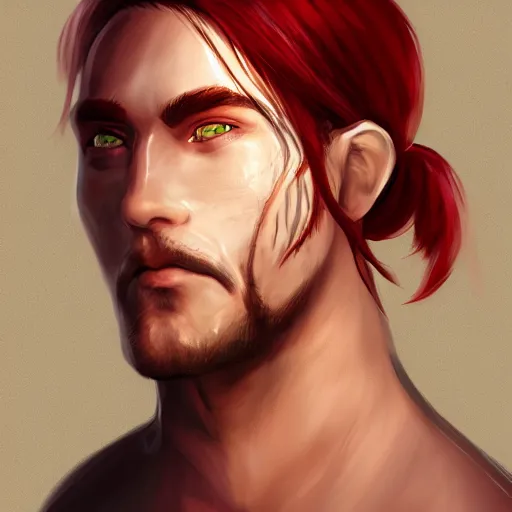 Prompt: portrait, 30 years old man :: fantasy :: red hair ponytail :: left burn scars :: high detail, digital art, RPG, concept art, illustration, Deviantart