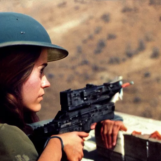 Prompt: film still, extreme far view, emma watson vietnam door gunner, vietnam war associated press photography, 2 6 mm, kodak ektachrome, blue tint expired film,