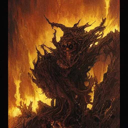 Image similar to the darkest fire, the brightest darkness, good and evil, epic, masterpiece, 8 k, 8 5 mm f / 1. 8 horror, flames, dark sci - fi, by bernie wrightson, by santiago caruso, by sabbas apterus