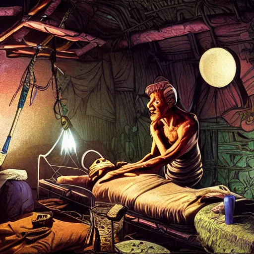 Prompt: primitive extraterrestrial villagers caring for weak and severely injured butch blond woman at bedside, inside primitive hut, dramatic lighting, illustration, ron cobb, mike mignogna, science fiction, detailed painting, high detail, coherent, rough paper