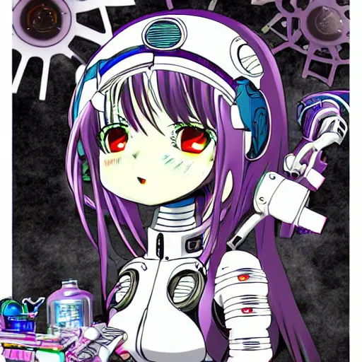 Prompt: Anime manga robot!! Anime girl, cyborg girl, exposed wires and gears, fully robotic!! girl, manga!! in the style of Junji Ito and Naoko Takeuchi, cute!! chibi!!! Schoolgirl, epic full color illustration, tattoo