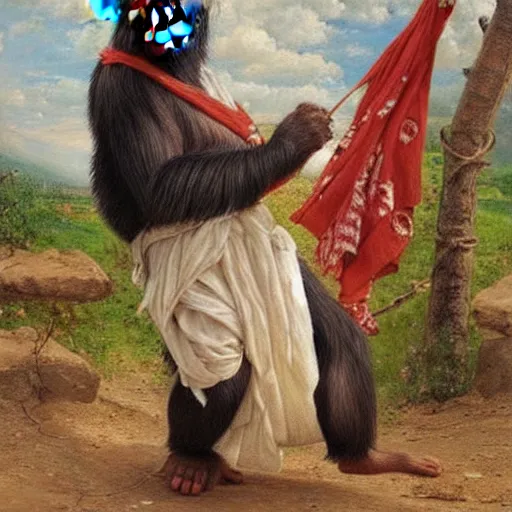 Image similar to beautiful painting by sophie anderson of a chimpanzee wearing traditional men kurdish clothes baggy pants and white shirt with a large sash tied around the waist in a kurdish village, award winning art, insanely detailed, bright colors, global illumination, cute, young, stunning