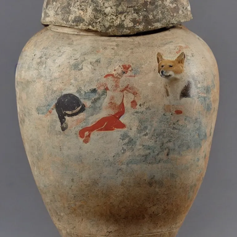 Image similar to ancient greek urn painted with a shiba inu god, good condition, well preserved archeological find